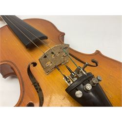 Four Chinese graduated violins - full size with 35.5cm two-piece back; three-quarter size with 33.5cm two-piece back; half size with 31cm two-piece back; and quarter size with 27.5cm two-piece back; all cased except full size; one with bow (4)