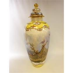  Berlin (K.P.M) porcelain floor vase and cover, c1900, the ovoid body hand painted with a Skirmish scene below a burning windmill and military camp scene after Philips Wouwermans (1619-1668) the yellow border having floral garlands, gilded bead work & floral cartouche panels, the cover hand painted with a similar scene, underglaze blue scepter mark to base, H84cm   