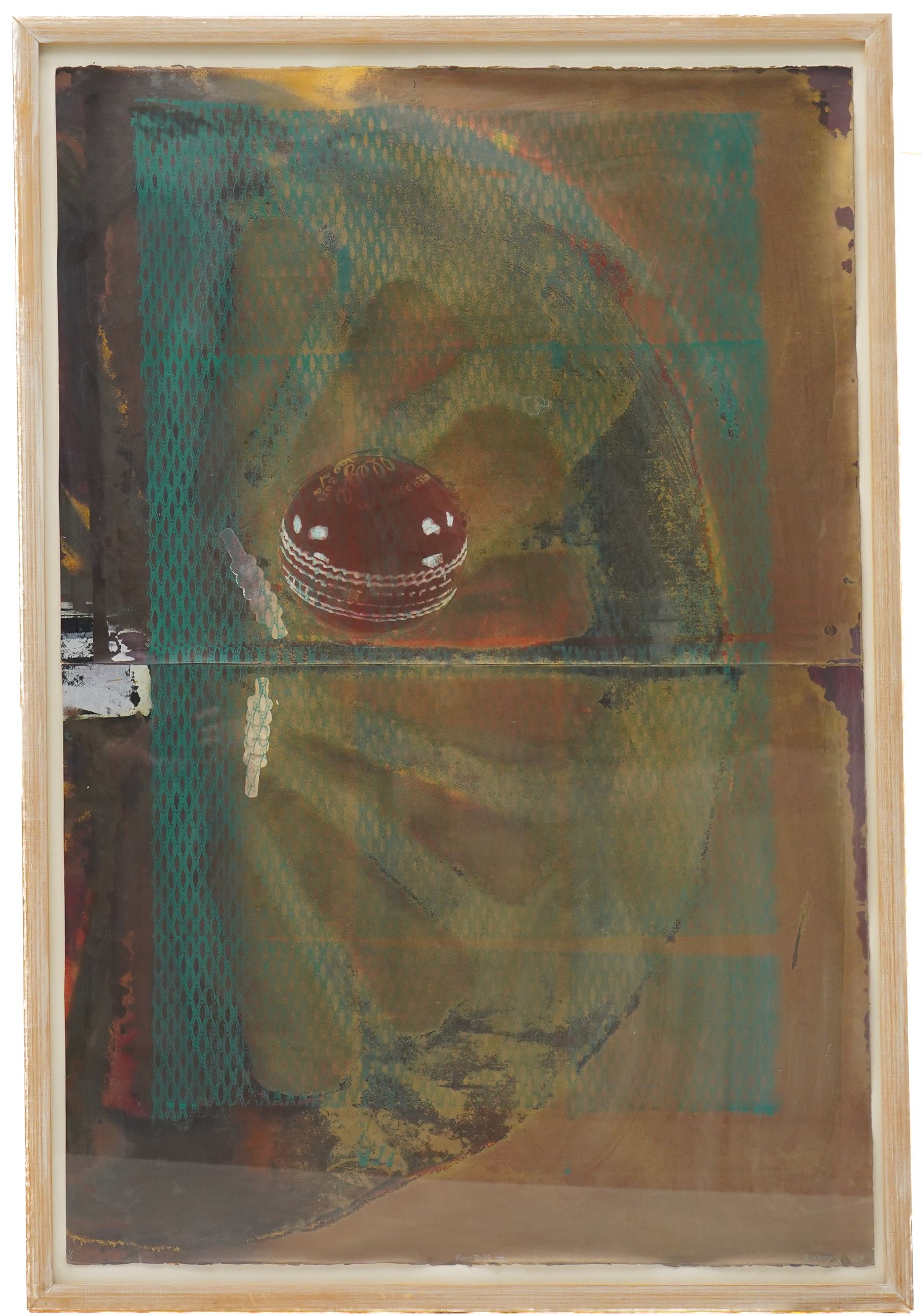 Stephen Wager (Yorkshire 20th century): 'New Ball II (Over Featherstone)', mixed media signed and titled verso 114cm x 76cm