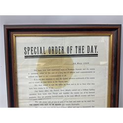 Framed WW2 'Special Order of the Day' poster date 24th May 1940 relating to Narvik in Norway; WW1 Princess Mary Christmas tin with quantity of uniform buttons; cigarette silk of the Prince of Wales in uniform; Royal Navy dinner menus, including HMS Daedalus Taranto forty-third, forty-fourth and forty-fifth anniversary dinners, 1983-1985, the wardroom mess summer ball, etc   