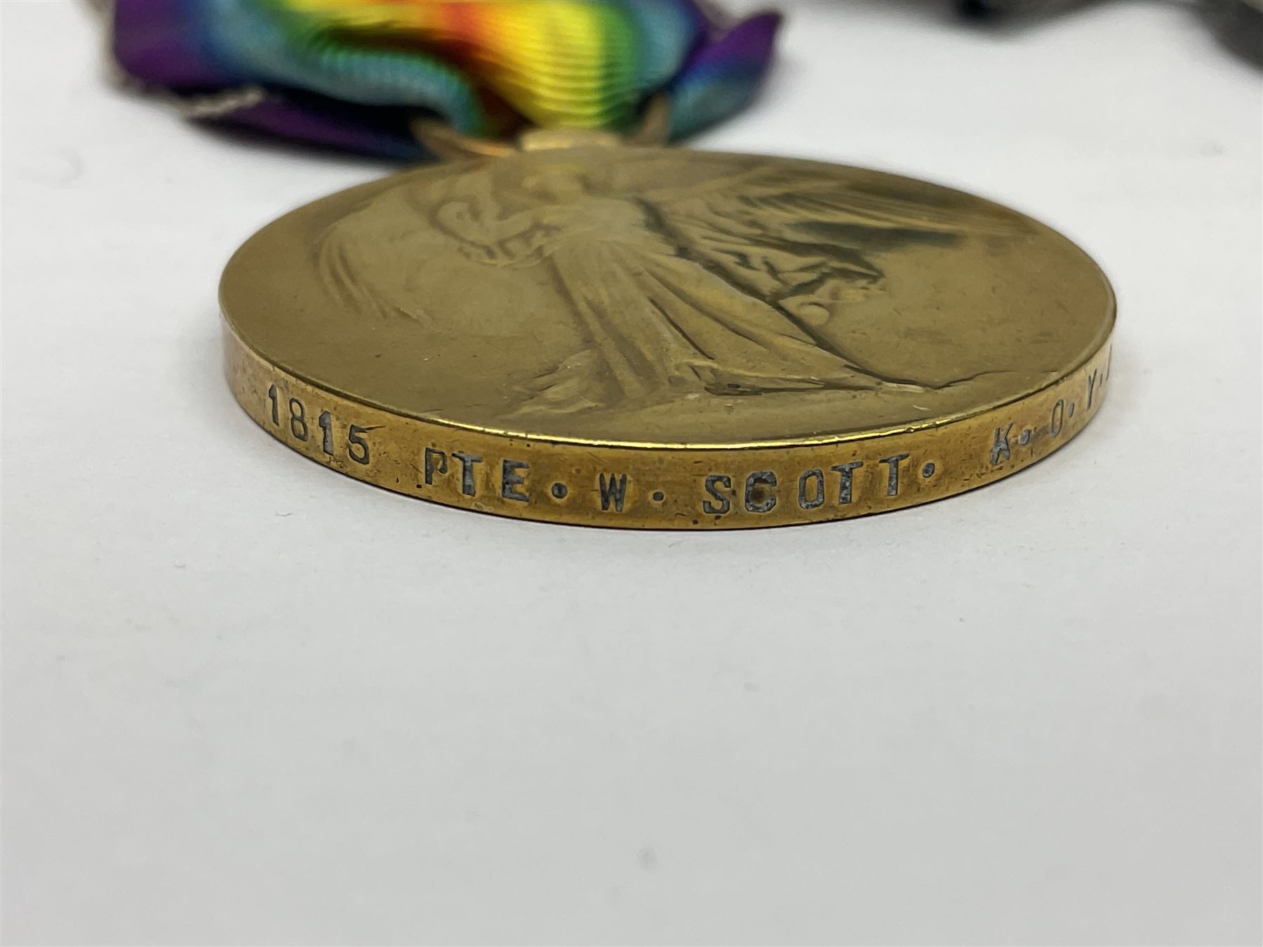 WWI trio of medals comprising British War Medal and Victory Medal awarded to 1815 Pte. W. Scott K.O.Y.L.I. and 1914-15 Star awarded to 200196 Pte. W. Scott Yorks. L.I.; with ribbons on wearing bar