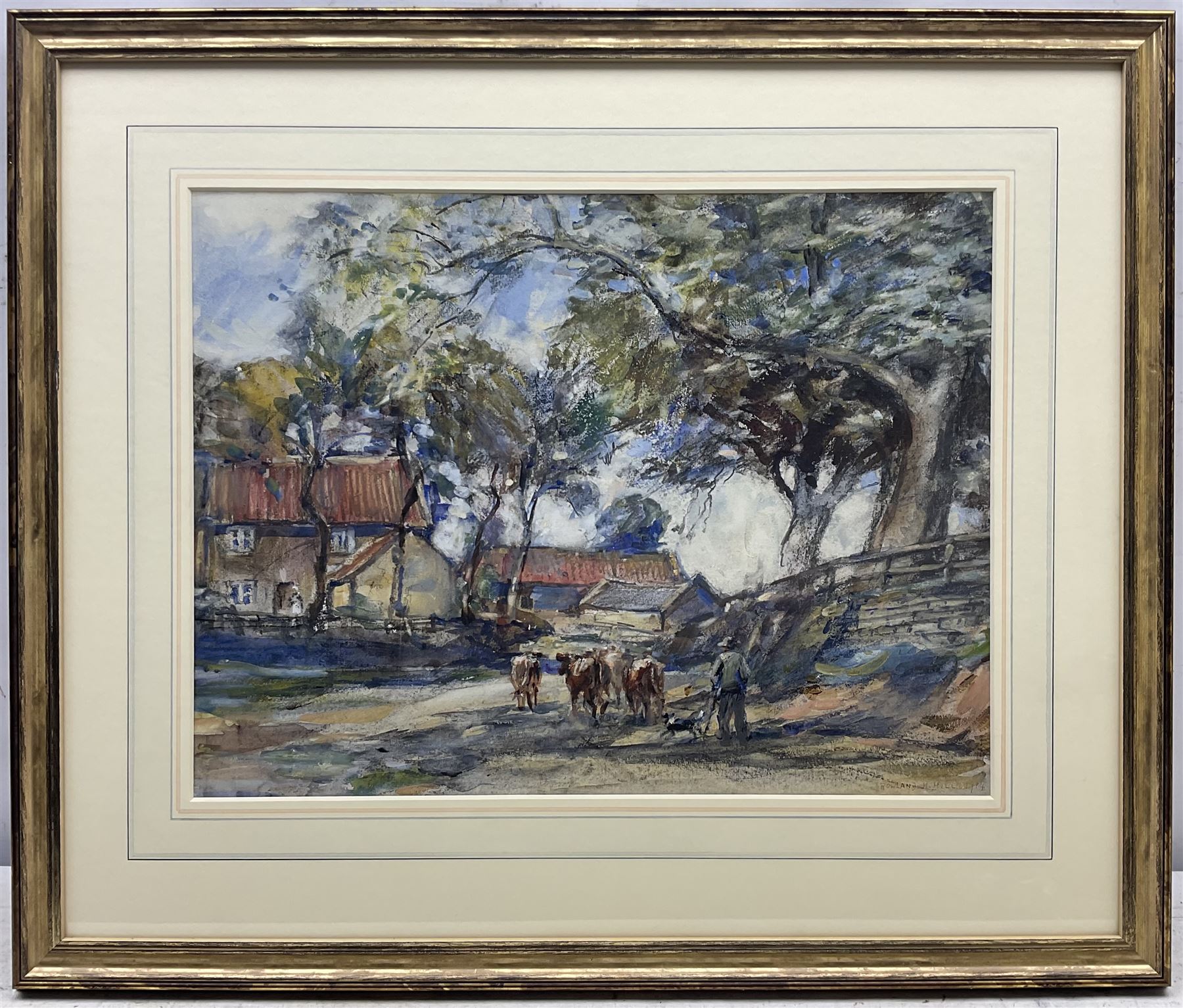 Rowland Henry Hill (Staithes Group 1873-1952): Farmer and his Dog Herding Cattle, watercolour and gouache signed and dated 1914, 34cm x 44cm
