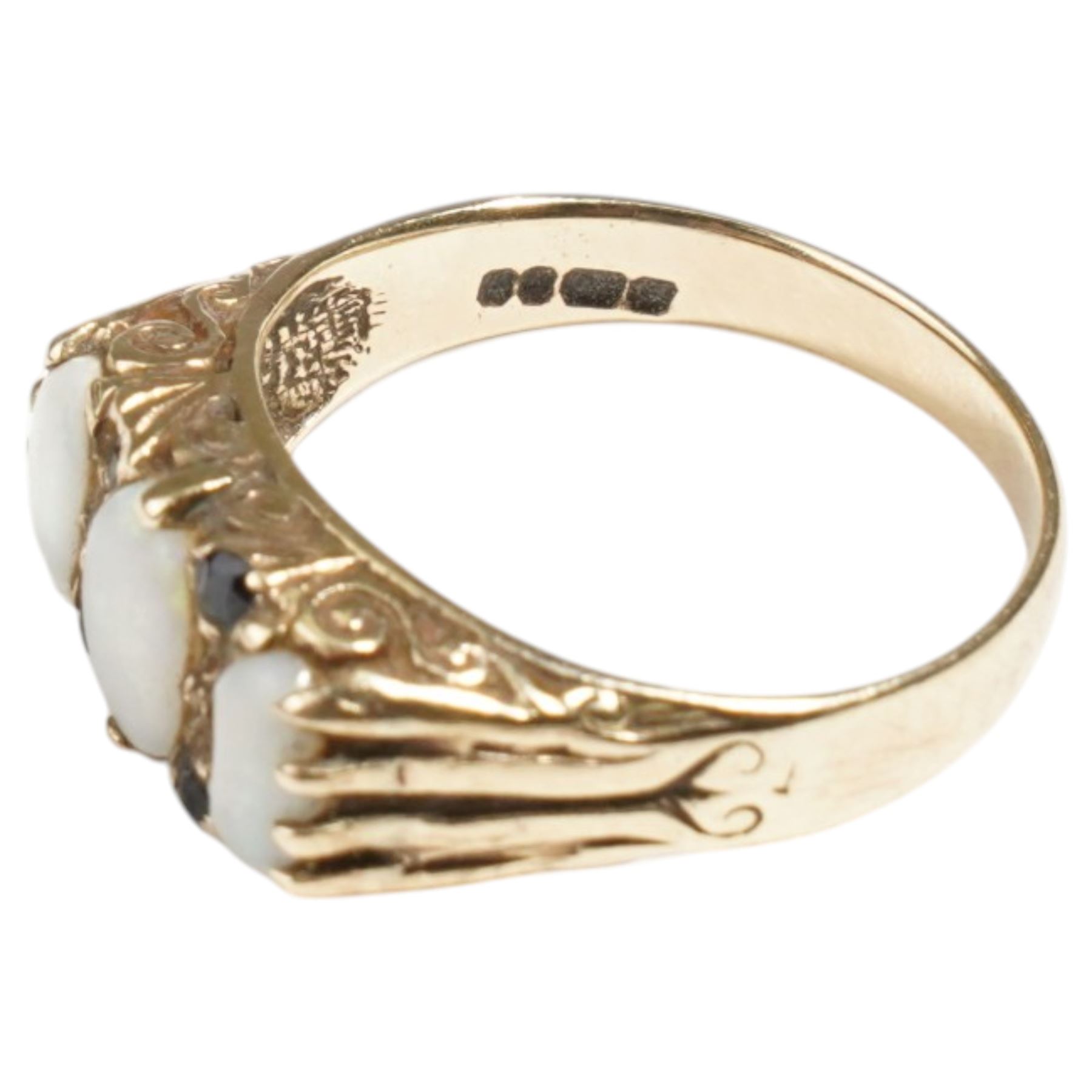 9ct gold opal and sapphire ring, hallmarked