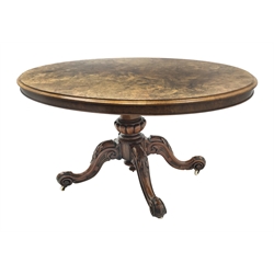 Victorian walnut loo table, highly figured oval tilt top with moulded edge, turned and gadroon carved pedestal with four out splayed acanthus carved supports with scroll terminals, 144cm x 103cm, H72cm