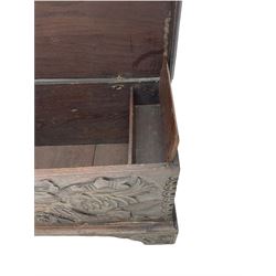 18th century carved oak blanket box, hinged top with internal candle box, bracket feet