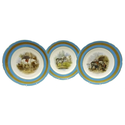  Set of three late Victorian Minton shaped dessert plates hand painted with Horses, two within a stable setting and the other in an open field after Edwin Landseer, by Henry Mitchell, with jeweled and gilt border on turquoise ground, all initialled 'HyM', pattern no. G736, D23.5cm (3) Provenance Property of Bob Heath, Brandesburton Formerly of Ravenfield Hall Farm near Rotherham  