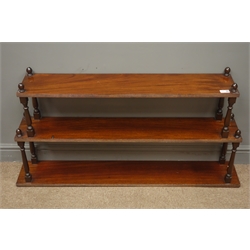  19th century mahogany wall shelve, three moulded tiers, turned supports, W115cm, H60cm, D18cm  