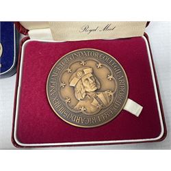 Commemorative coins and medallions, including hallmarked silver poultry medal, Royal Mint 'College of Arms Quincentenary Commemorative Medal', Selby Abbey '1069 1969' medallion, two medallions commemorating the Investiture of H.R.H. Prince Charles 1st July 1969 and a set of four coins commemorating the Investiture of Prince Charles, all cased 