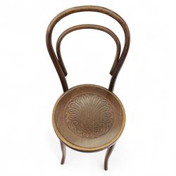 Set of three bentwood café chairs in the manner of Thonet, including a pair of side chairs (W 37cm, D 45cm, H 86cm) and a matching armchair (W 70cm, D 46cm, H 81cm), each with pressed seat decoration and continuous loop backrest