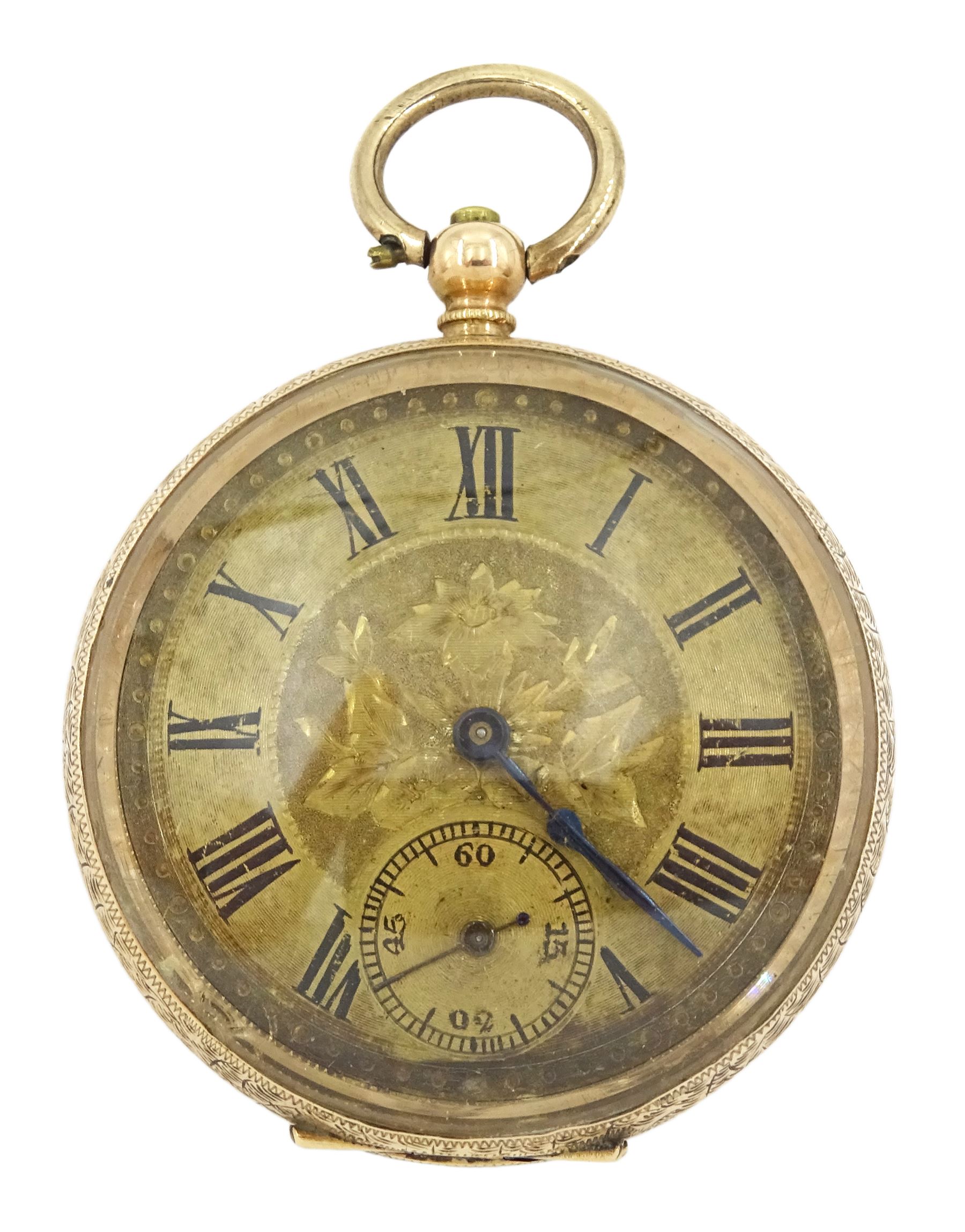 19th century 14ct gold key wound cylinder pocket watch, gilt dial with Roman numerals, stamped 14c