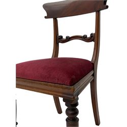 Seven early 19th century mahogany dining chairs - set six side chairs with scroll carved middle rails (W46cm), and a carver elbow chair with rope twist middle rail