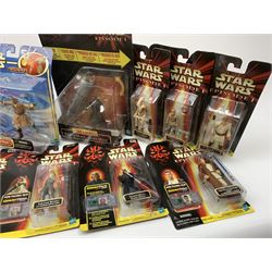 Star Wars - Episode 1 eleven Hasbro action figures, ten with CommTech chip, including two x Obi-Wan Kenobi, Battle Droid, Anakin Skywalker, four x Darth Maul (one Deluxe), Jar Jar Binks and two x Qui-Gon Jinn; together with five Attack of the Clones figures including Obi-Wan Kenobi, Count Dooku, Kit Fisto, Jango Fett and Mace Windu; and an Empire Strikes Back figure of Darth Vader; all in unopened blister packs (17)