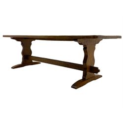 Gnomeman - large oak refectory dining table, rectangular adzed top on shaped end supports with sledge feet, united by pegged stretcher, carved with gnome signature, by Thomas Whittaker, Little Beck