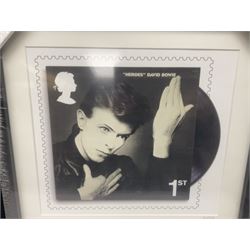Set of four Royal Mail David Bowie limited edition album stamp prints, comprising Heroes, Ziggy Stardust Tour, Hunky Dory and Let's Dance, all framed and in original packaging, H43cm W43cm