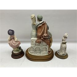 Three Capodimonte figures, the largest titled Giuletta e Romeo, together with  a pair of Capodimonte preserve pots