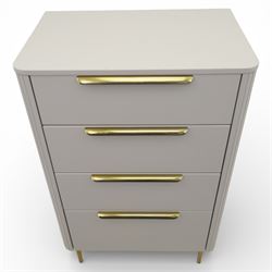 Made.com - 'Ebro' grey four drawer chest, gold painted metal shaped handles, rounded corners with fluted detail, raised on gold painted metal tapered supports