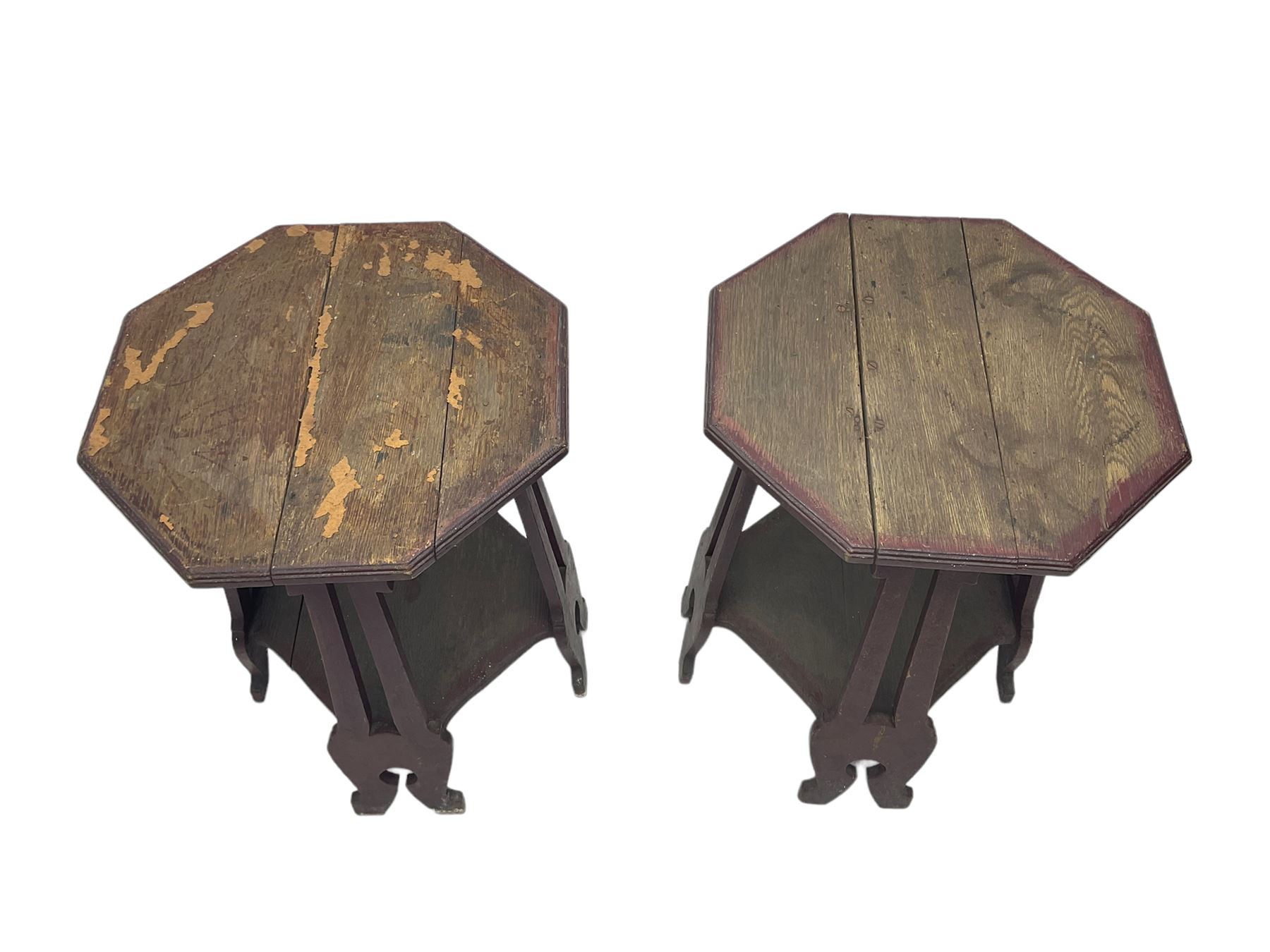 Pair Arts & Crafts period side tables, octagonal moulded top, on four supports with pierced decoration terminating at splayed feet, the supports joined by octagonal undertier, with label 'Palliser's Wolverhampton'