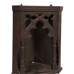 Gothic Revival oak corner wall shelf, with trefoil decoration to the top, H42cm