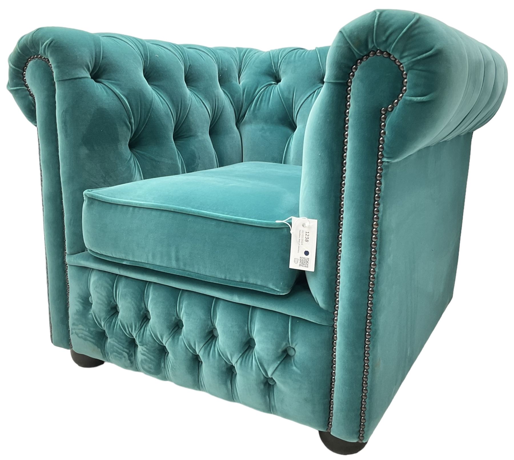 Sofas by Saxon - Chesterfield shape armchair, upholstered in buttoned aqua blue velvet fabric