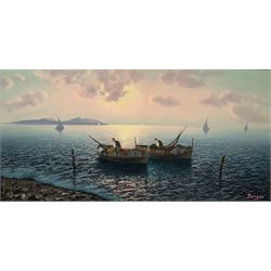 Moreno (20th century): Neapolitan Coastal scene with Fishing Boats, oil on canvas signed 58cm x 117cm