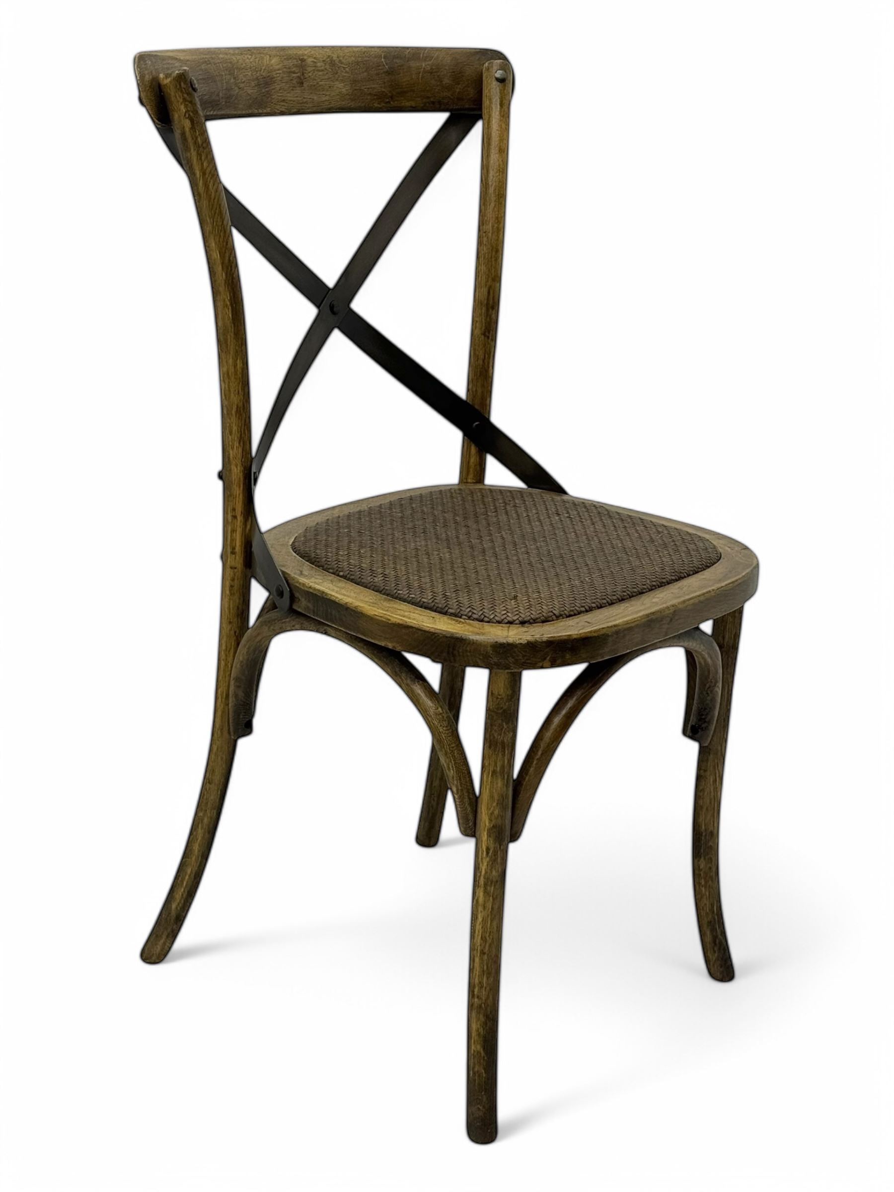 Late 20th century ladder-back chair with recessed Bible storage; pair of spindle back farmhouse chairs; cross-back bistro chair with an arched top rail and woven rattan seat; ladder-back chair with a Union Jack upholstered seat (5)