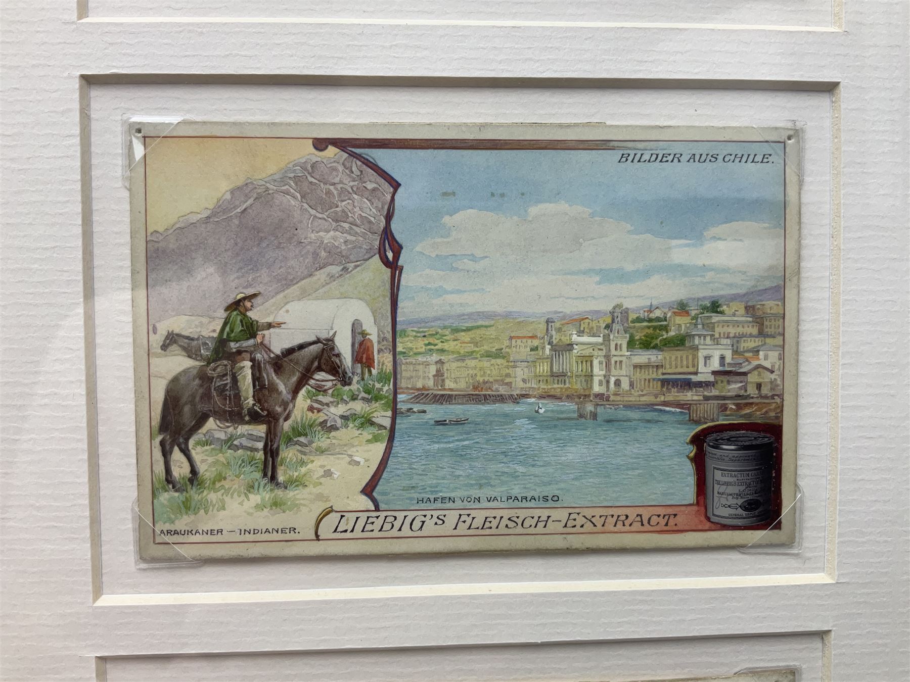 Six original illustrations for Liebig cards, mounted within a gilt frame, frame 71cm, W27cm