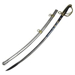 Early 19th century French Lancers officer's sword c1810, the 84cm curving fullered blade retaining most of its bluing, gilding and engraved decoration, inscribed I.S.& C. to ricasso (for Schimelbusch), brass three-bar hilt with elongated elliptical langets and wire-bound leather grip; in polished steel scabbard with two brass suspension rings L100cm overall