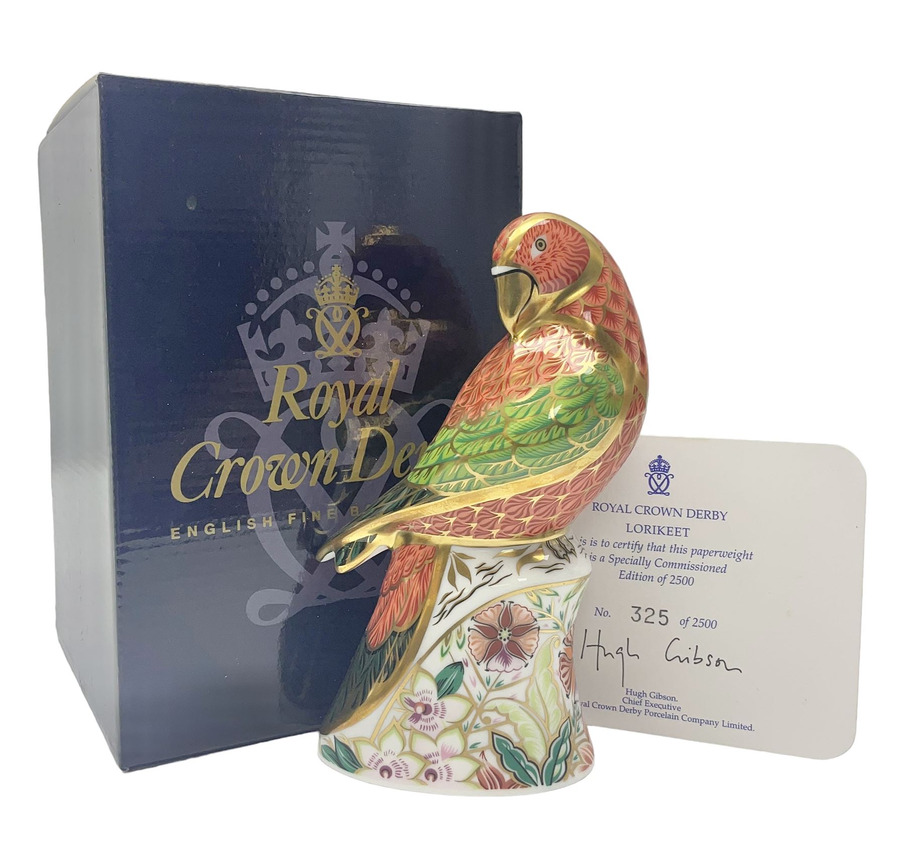 Royal Crown Derby paperweight, Lorikeet, limited edition 325/2500, with gold stopper and printed mark beneath, with certificate and original box