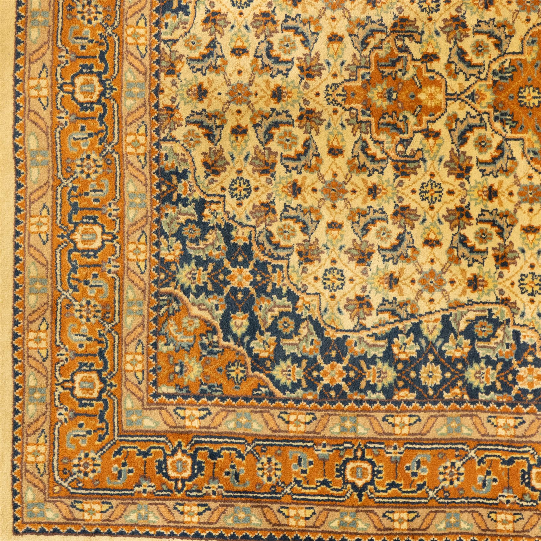 Persian Bijar rug, ivory field profusely decorated with a dense all-over Herati pattern centered by a red medallion with indigo lozenge and spandrels framed by a rust ground border of stylized palmettes and rosettes, between narrow floral guards