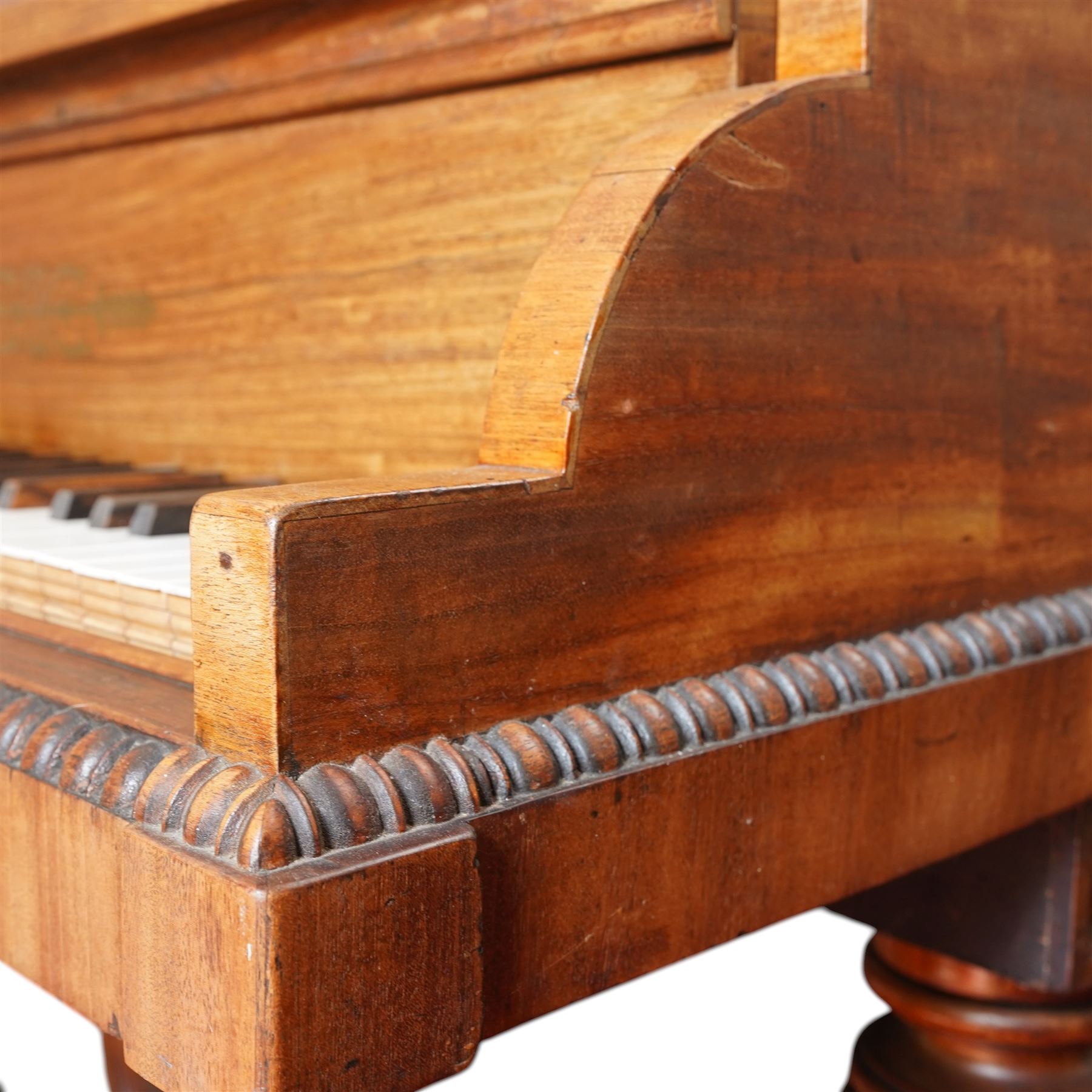 Early 19th century Grand Piano by John Broadwood & Son, London 1828.
Straight strung Broadwood “Barr Frame” Grand Piano with four steel braces from the wrest plank to the brass hitchpin plate. Partially re-strung with one string missing and some tuning pins loose, bridges in good condition, soundboard with cracks, action requires some adjustment and attention, six octave keyboard, with 73 keys C1-C7, with ivory naturals and ebony sharps, Lyre with sustain and una-chorda pedals, mahogany case with brass inlay and makers name to the double key-fall, adjustable open lattice music desk with egg and dart moulding to the surround of the case and lid, raised on reeded and tapered legs with castors. 

 You can find and listen to examples of Alan Cuckston playing this particular Broadwood Grand Piano in the links below:
Trio in D Minor Op. 25 by Francis Edward Bache
Gladiolus Rag by Scott Joplin
Sonata for Violin and Piano No.1 in G Minor by George Frederick Pinto

Given the intricate nature of these historic instruments, specialist support will be available if required, to assist successful buyers with safe removal and onward handling. Price upon application. 


This item has been registered for sale under section 10 of the APHA Ivory Act Submission Reference: 1N7BA84E

