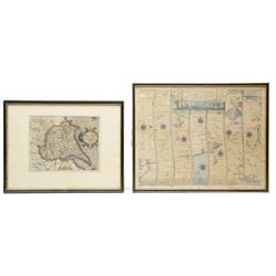 Gulielmus Hole (British ?-1624) and Christopher Saxton (British 1540-1610): 'Eboracensis Comitatus pars Orientalis vulgo East Riding', 17th century engraved map of the East Riding Yorkshire with hand-colouring pub. 'Camden's Britannia' c.1607, 20cm x 25cm; John Ogilby (British 1600-1676): ''The Road from London to Flamborough Head', 17th century engraved strip map with hand-colouring 38cm x 47cm (2)