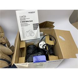 Cameras and accessories including Nikon Nikkormat camera with ‘Nikkor-H 1:2 f=50mm’ lens, Olympus C-8080 wide zoom digital camera, soft case camera bag etc, all untested, in one box