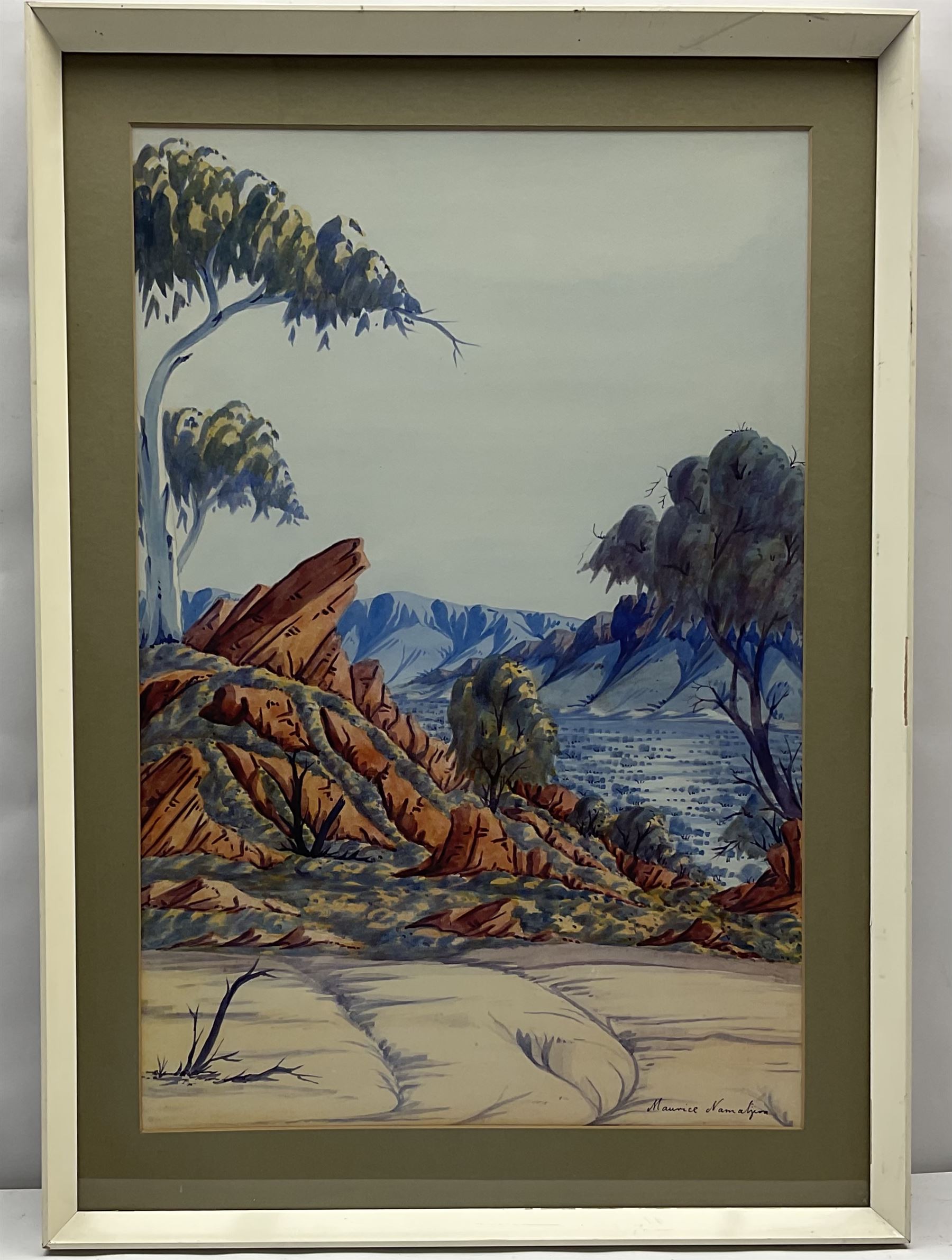 Maurice Namatjira (Australian 1938-1977): Central Australian Landscape, watercolour signed 51cm x 35cm
Notes: the artist was the 5th youngest son of Albert Namatjira founder of the Hermansbourg School of Artists
