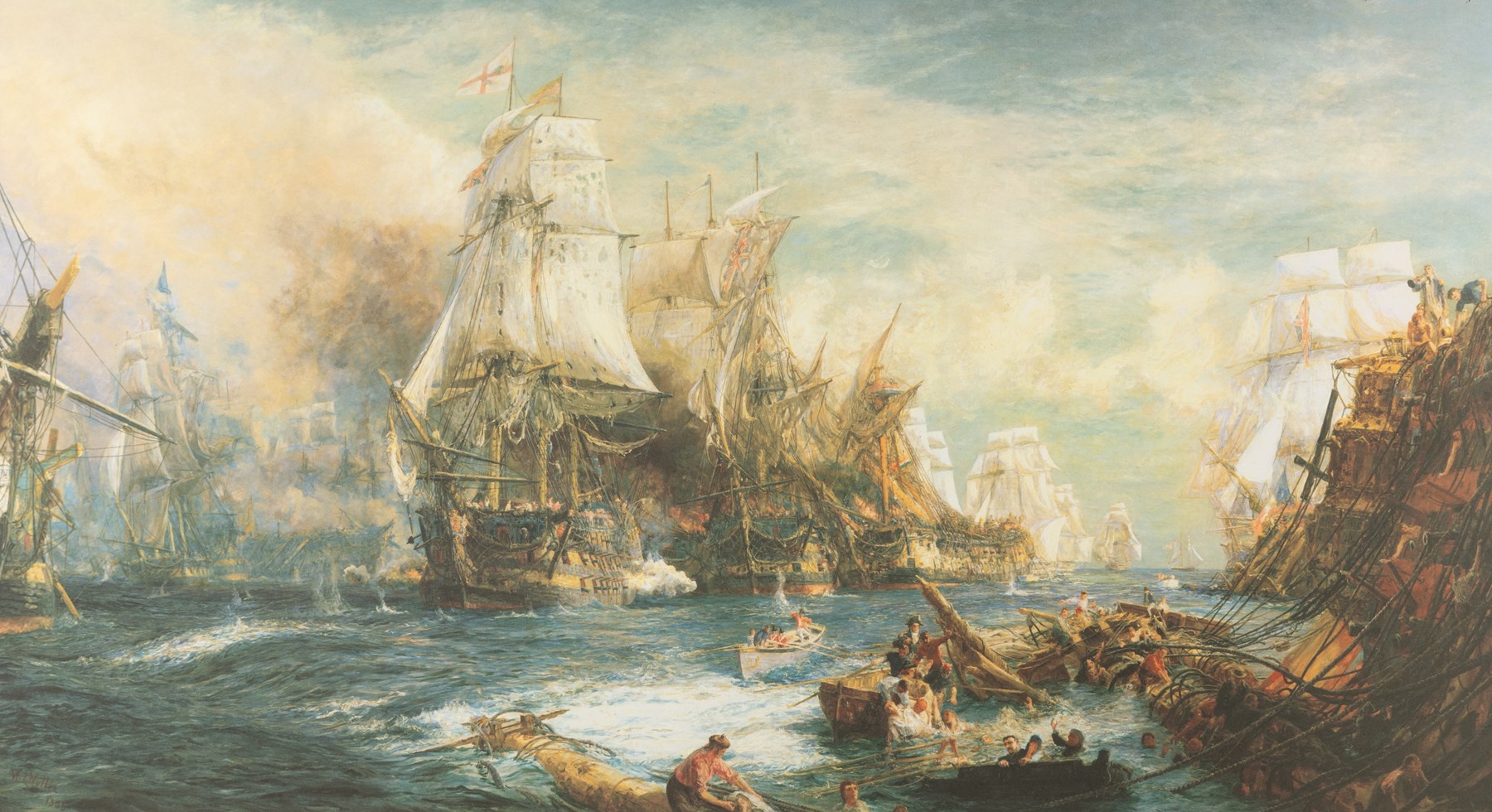 After William Lionel Wyllie RA RWS (British 1851-1931): Trafalgar 2:30pm, coloured print stamped with TP blindstamp dated 1991 and numbered 50/1000 in pencil 67cm x 98cm