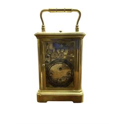 French - small 8-day striking carriage clock with alarm and repeat functions, c1910, in a corniche case with a gilt dial mask alarm setting dial and enamel chapter, Arabic numerals and steel moon hands, rack striking movement, striking the hours, half-hours  and repeat on a coiled gong, with a silvered lever platform escapement.