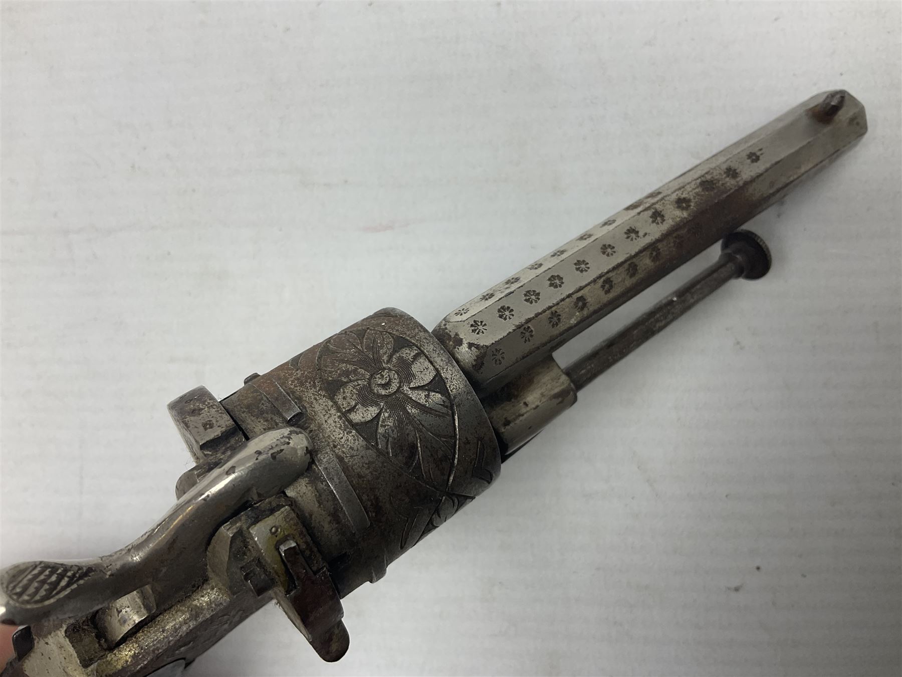 19th century Belgian 7mm pin-fire six-shot revolver with engraved action, folding trigger and ornate grips, ELG proof marks, No.4562 L20cm