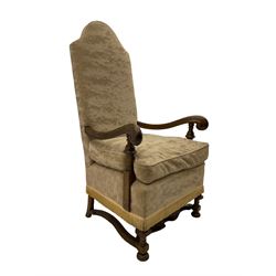18th century design Continental walnut framed armchair, high shaped back, scroll arms