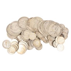 Approximately 250 grams of Great British pre-1920 silver coins, together with further British and world coins, in tartan biscuit tin