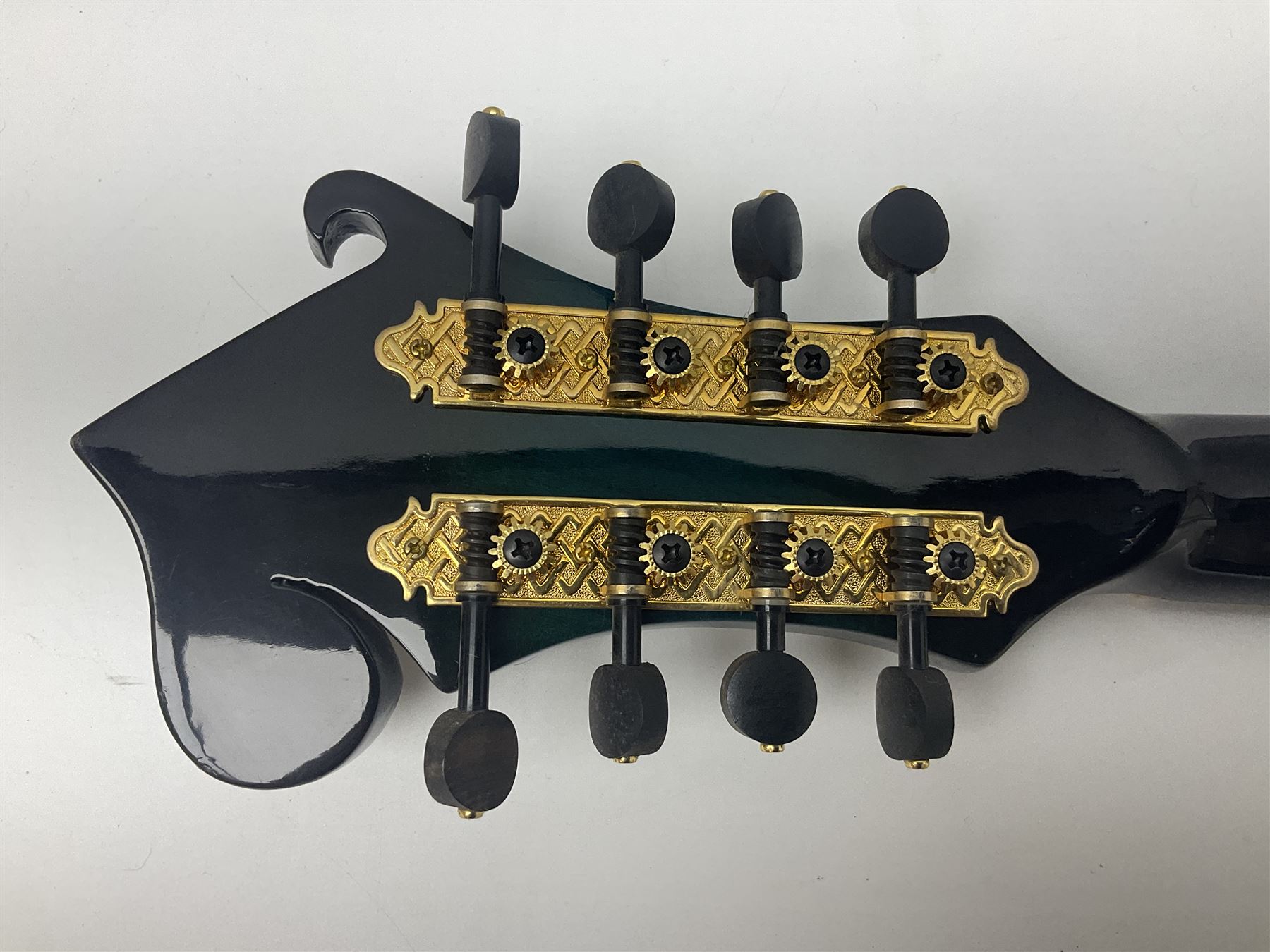 Eastern eight-string F-hole mandolin with blue sunburst finish and mother-of-pearl inlay of flowers and birds L69cm