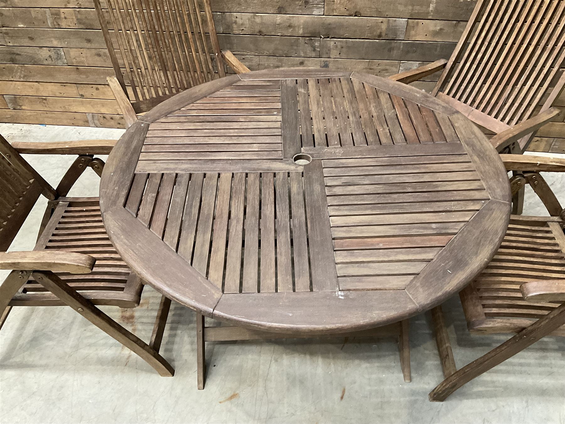 Garden teak table with set four high back reclining chairs