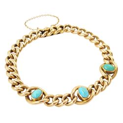 Edwardian 15ct rose gold turquoise bracelet, three oval cut turquoise stones to a curb link bracelet, stamped 15c