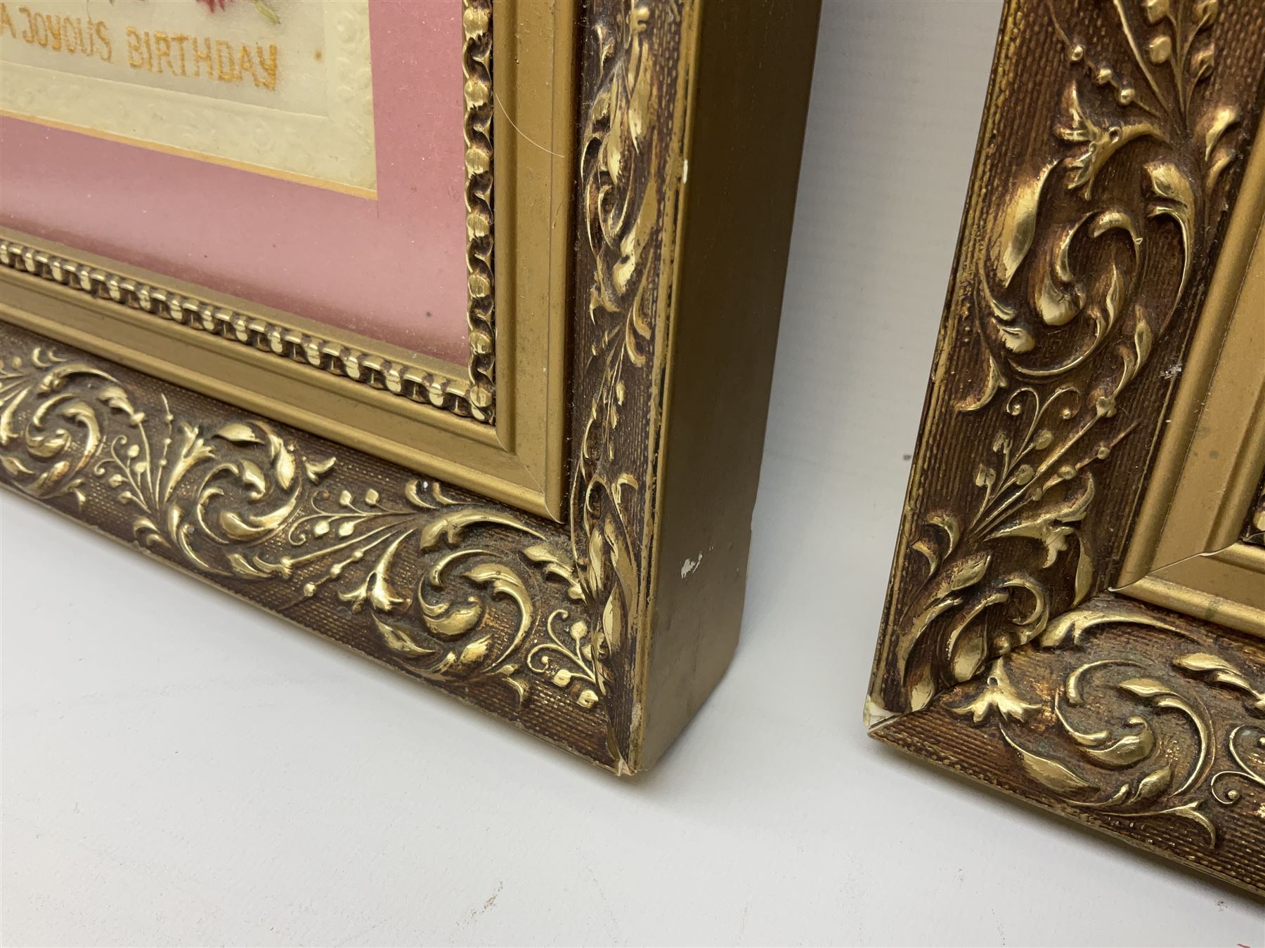 Thirty-five WW1 embroidered silk postcards including regimental crests, flags of the Allies, envelope type with greeting card inserts, Christmas and birthday cards etc; mounted and glazed in three graduated modern matching gilt frames (3)