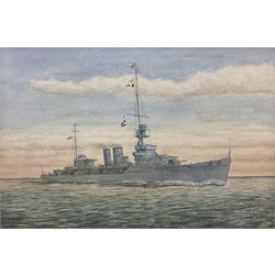 LJ Lake (British Early 20th century): 'HMS Delhi Cruiser', watercolour signed and dated 1924, labelled verso 35cm x 53cm