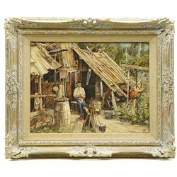 Australian School (Late 19th century): 'A Selector's Hut on Mr Stocks Selection - Croajingolong District - Gippsland Victoria - Australia', oil on canvas signed with monogram WHB, titled and dated 1885 verso 34cm x 44cm