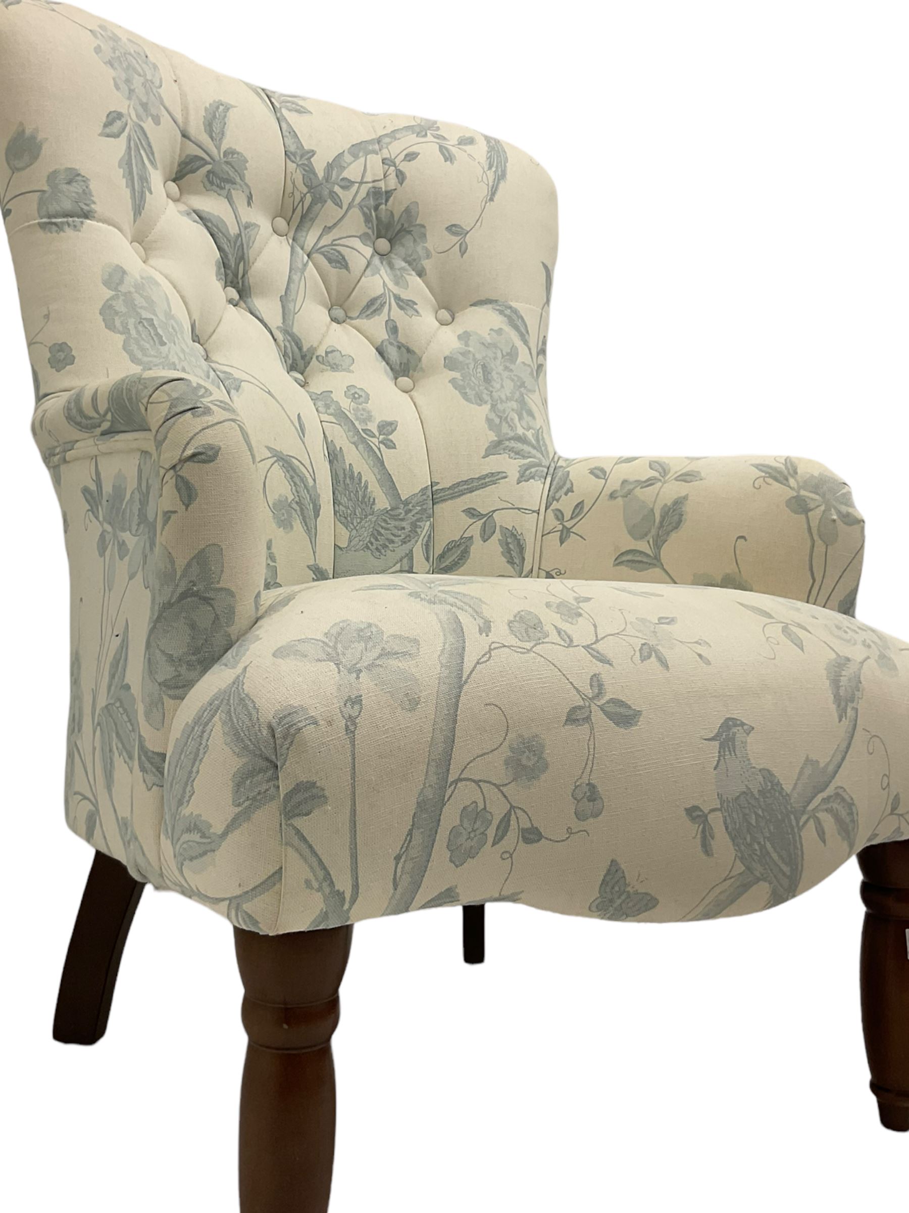 Victorian style bedroom chair, upholstered in light fabric decorated with birds and foliate, turned front feet