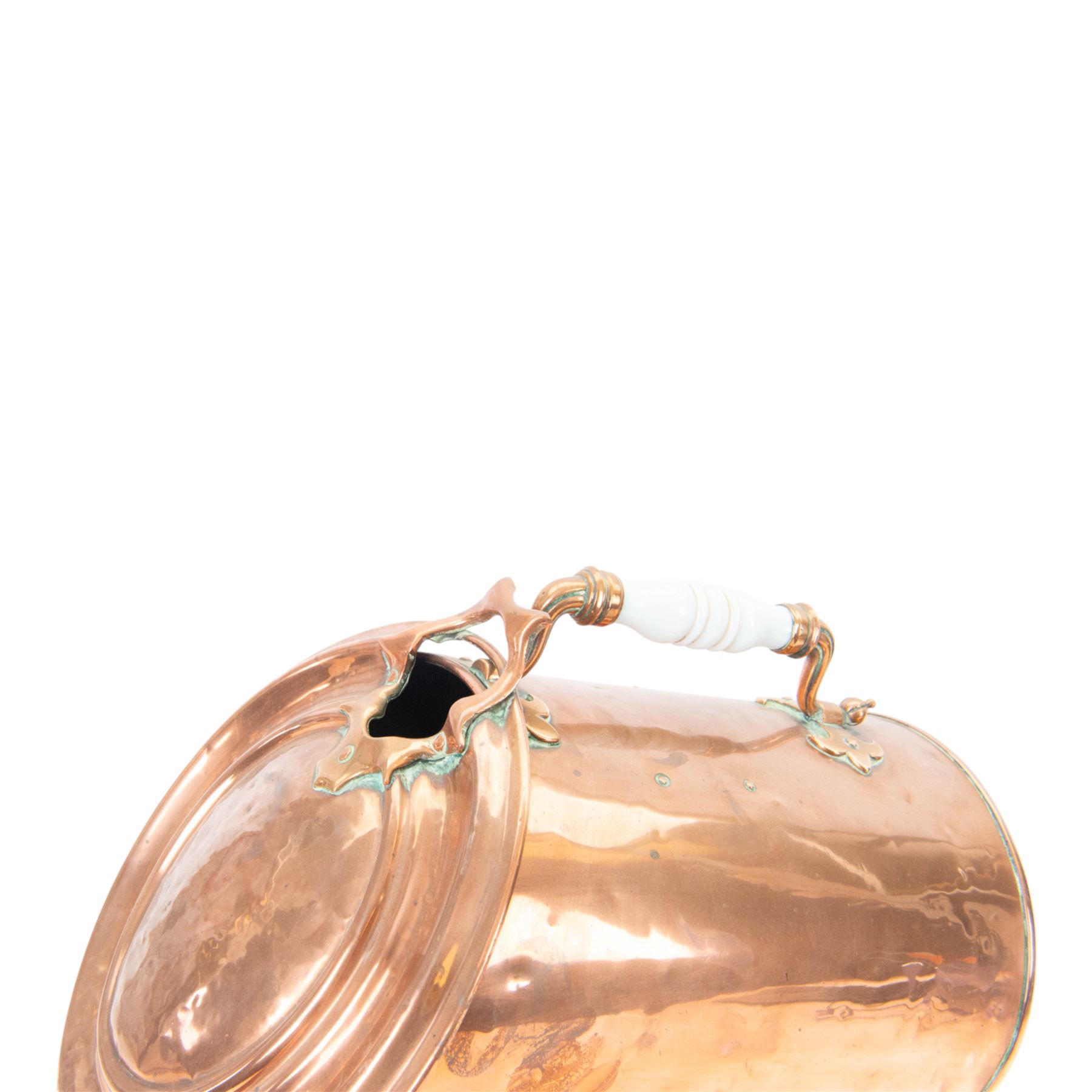 Pair of 19th century copper coal scuttles, of circular form raised on a circular stepped foot with hinged cover, H44cm, L50cm