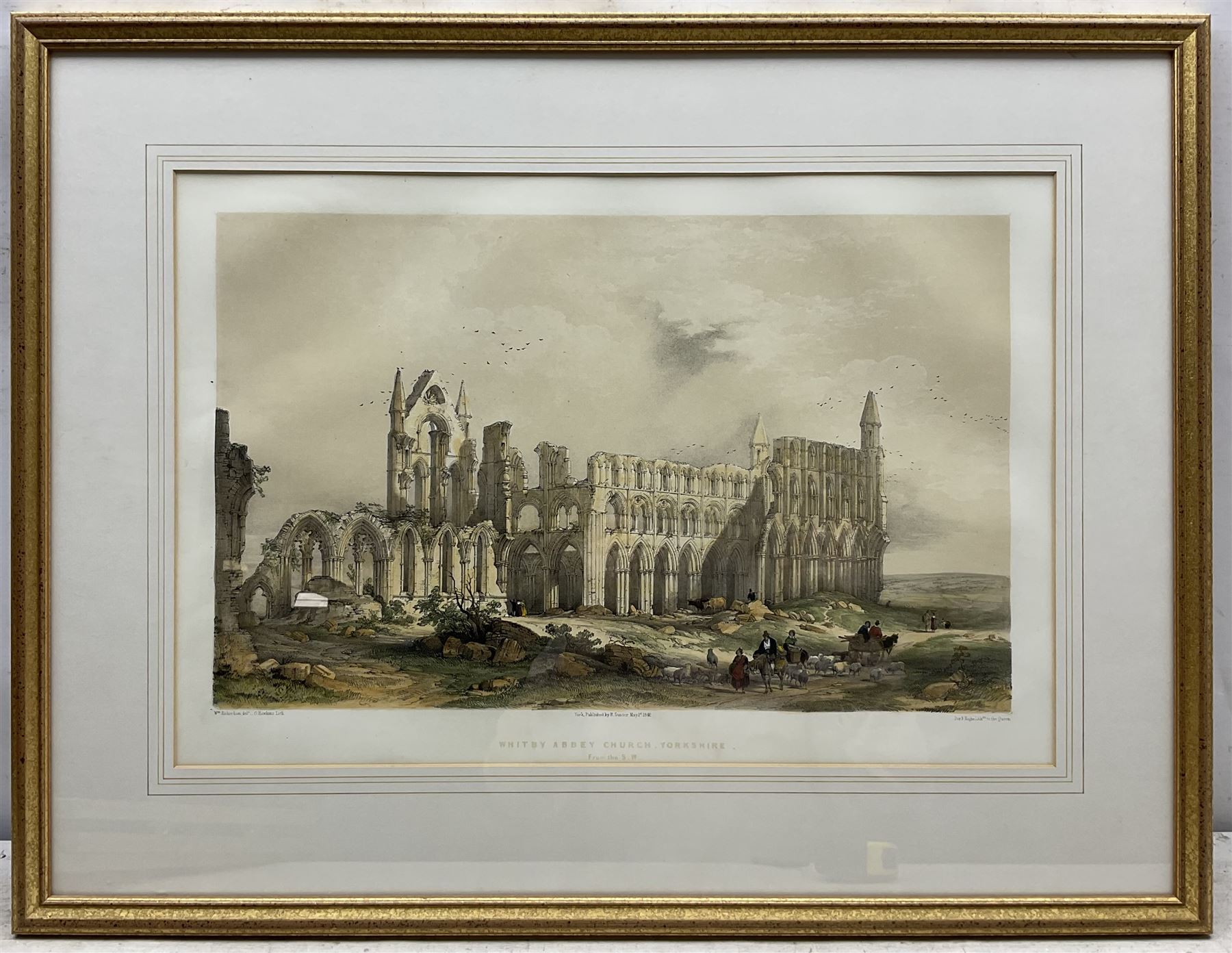 George Hawkins (British 1819-1852) after William Richardson (British fl.1842-1877): 'Whitby Abbey Church Yorkshire from the South West', lithograph with hand colour 30cm x 48cm; After Henry Warren (British 1794-1879): 'Leeds' 'Bradford' and 'Hull', set three engravings with hand colour 14cm x 19cm (4)