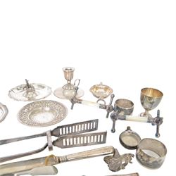 Group of silver, including sugar tongs, christening set, egg  cup, salt, strainer, silver mounted cutlery and Continental silver, together with silver plated items and other metalware 