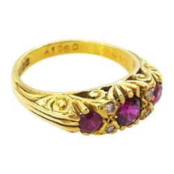 18ct gold three stone ruby and four stone single cut diamond ring, Birmingham 1966