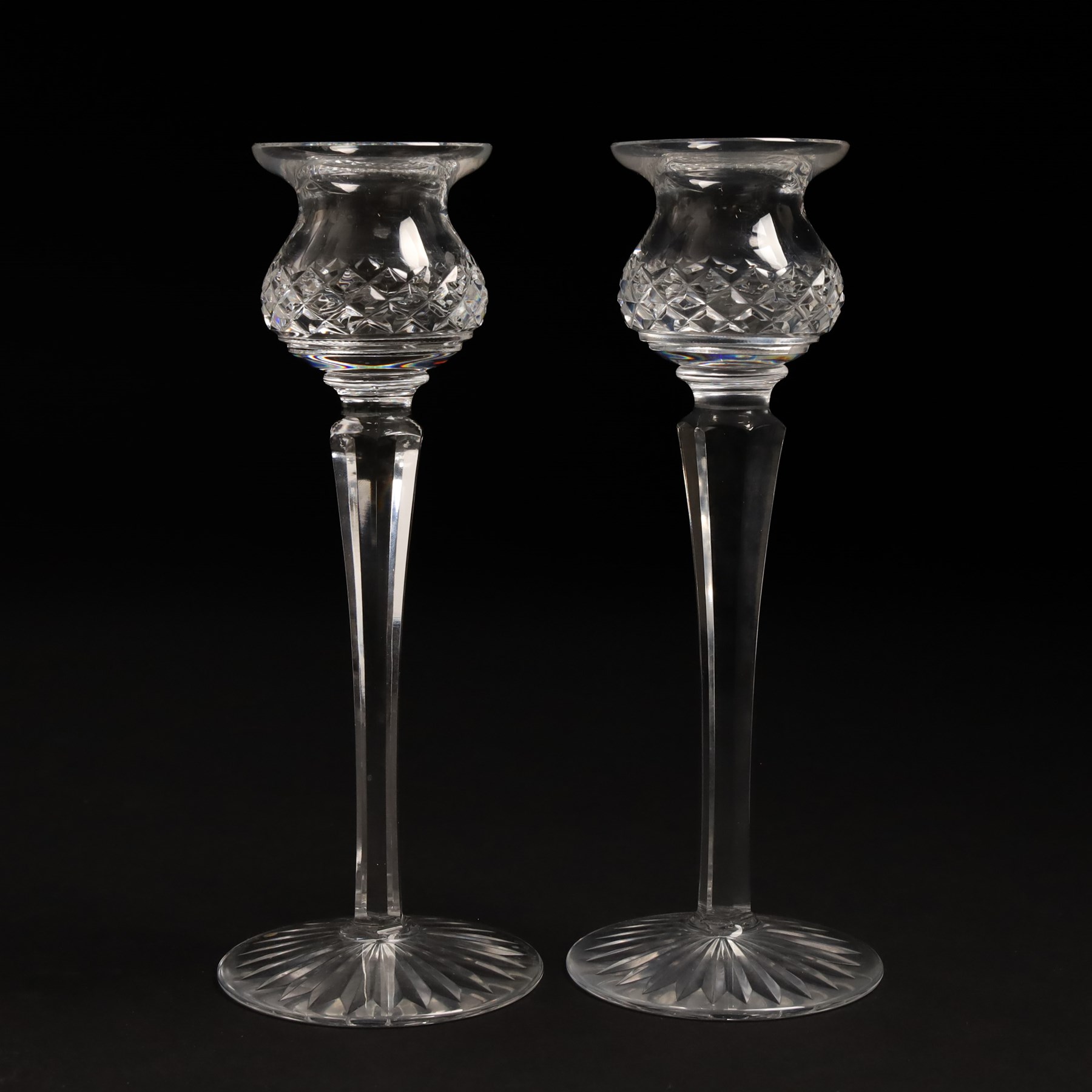 Stuart crystal Beaconsfield pattern claret jug with silver plated cover, matching water jug and pair of candlesticks